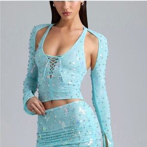 Oh Polly X Bratz Embellished Cut Out Halterneck Top in Ice Blue